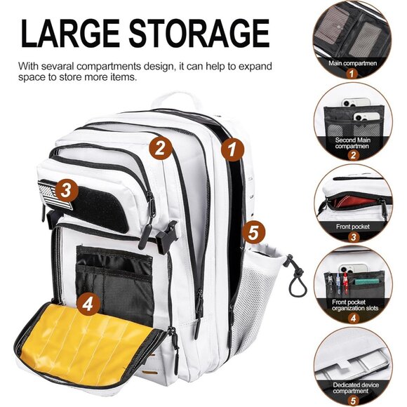 45L Tactical Backpack Molle Bag White and Yellow Water-Resistant Heavy-Duty Nylo - Picture 3 of 6